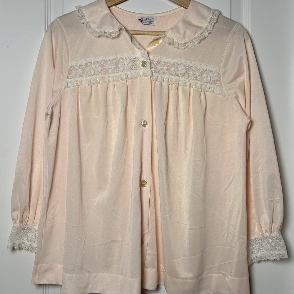 Colony Club Vintage 70s Pink Lace Trim Peter Pan Collar Bed Shirt Coquette Style